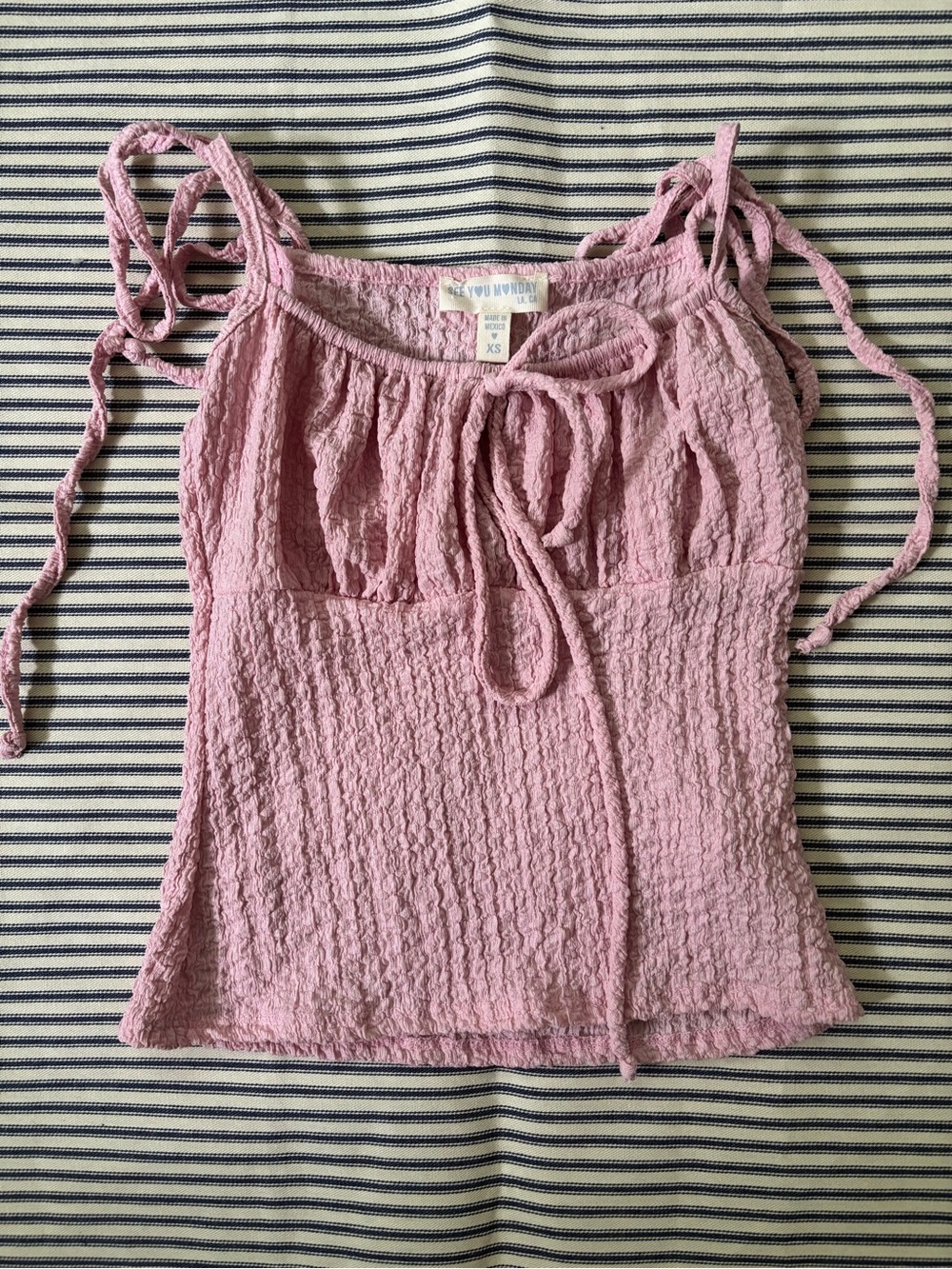 See You Monday Pink Textured Tie Shoulder Cami Tank Top
